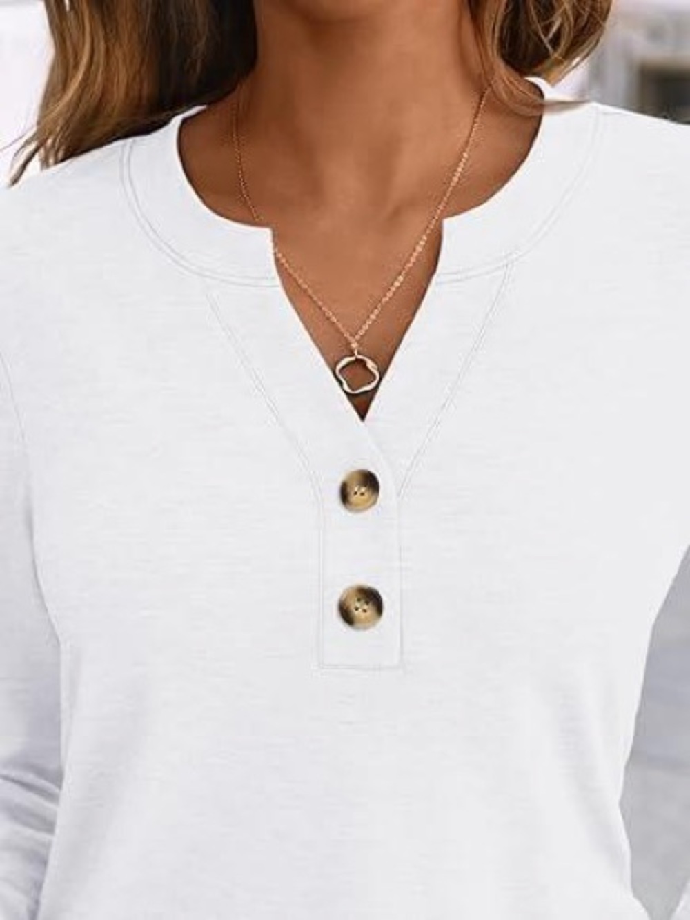 Women's Cream Long Sleeve Notch-Neck Henley with Button Placket